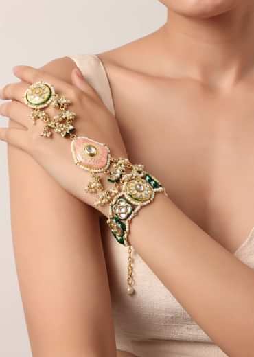 Pink And Gold Hathphool With Meenakari And Kundan