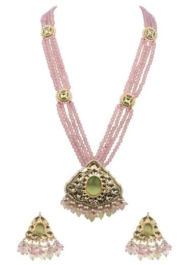 Pink And Gold Kundal Mix Metal Long Necklace Set