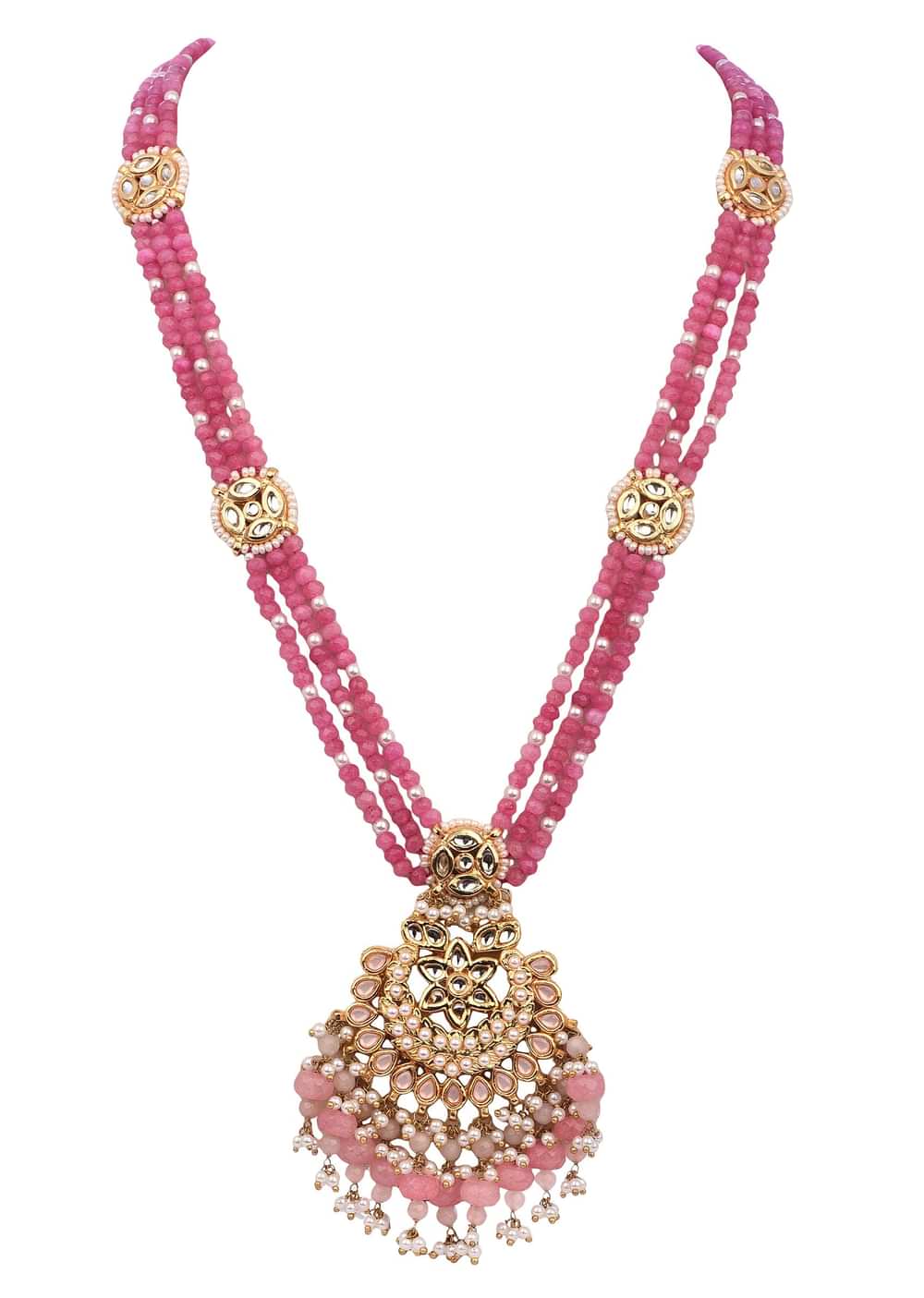 Pink And Gold Kundan Mix Metal Long Necklace Set