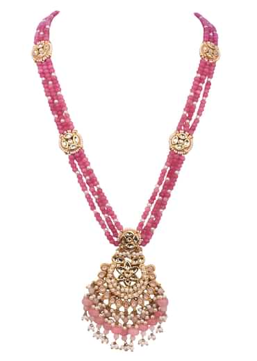 Pink And Gold Kundan Mix Metal Long Necklace Set