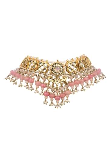 Pink And Gold Kundan Mix Metal Short Necklace Set