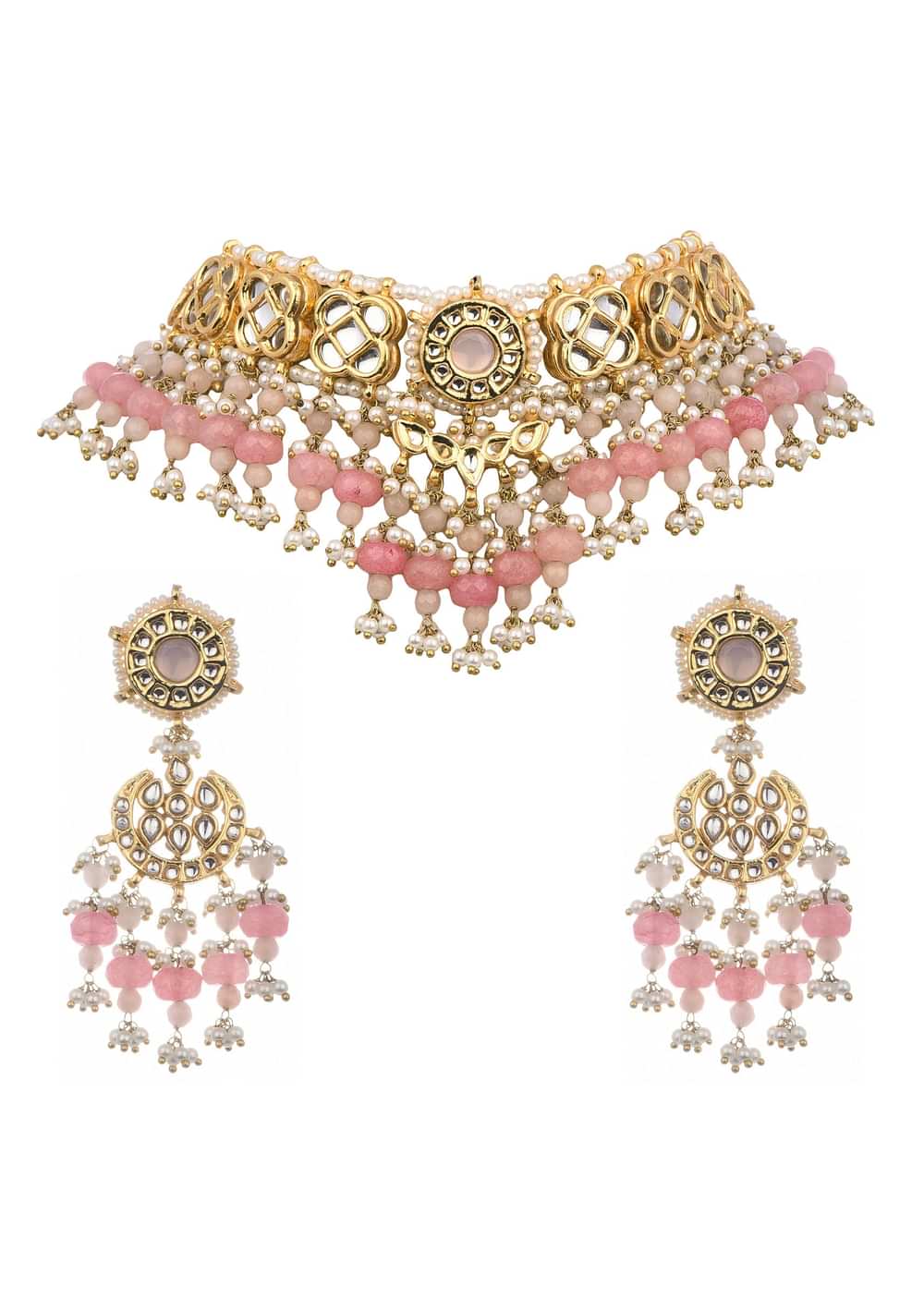 Pink And Gold Kundan Mix Metal Short Necklace Set
