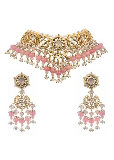 Pink And Gold Kundan Mix Metal Short Necklace Set