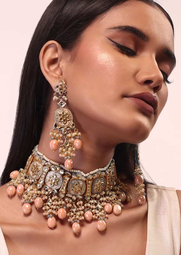 Pink And Gold Meenakari Choker Necklace Set With Beads Pink And Gold Meenakari Choker Necklace Set With Beads