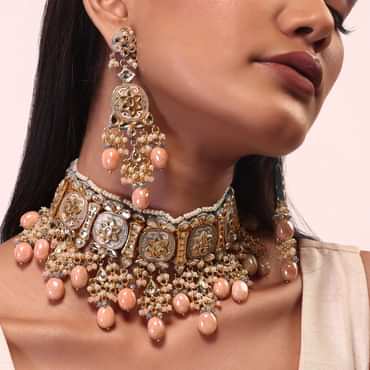 Pink And Gold Meenakari Choker Necklace Set With Beads