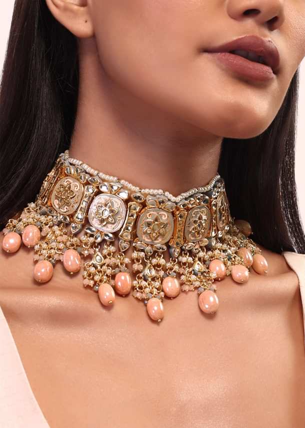 Pink And Gold Meenakari Choker Necklace Set With Beads Pink And Gold Meenakari Choker Necklace Set With Beads