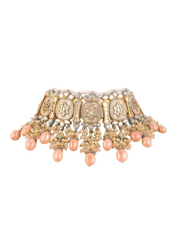 Pink And Gold Meenakari Choker Necklace Set With Beads Pink And Gold Meenakari Choker Necklace Set With Beads