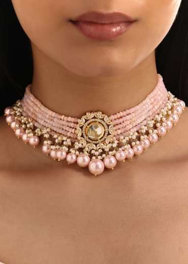 Pink And Gold Pachi Kundan Mixed Metal Necklace Set