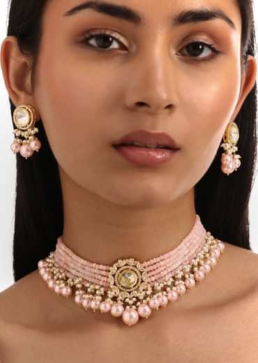 Pink And Gold Pachi Kundan Mixed Metal Necklace Set