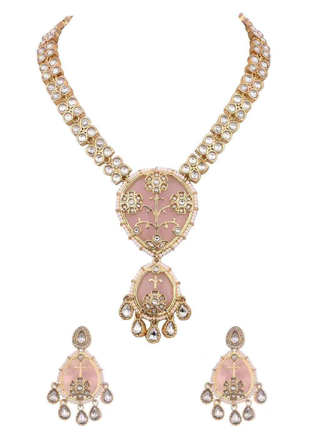 Pink And Gold Uncut Polki Short Necklace Set
