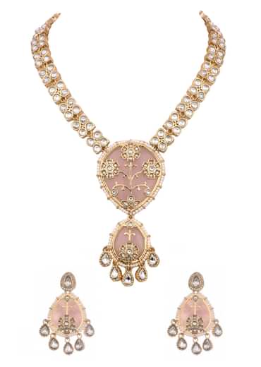 Pink And Gold Uncut Polki Short Necklace Set