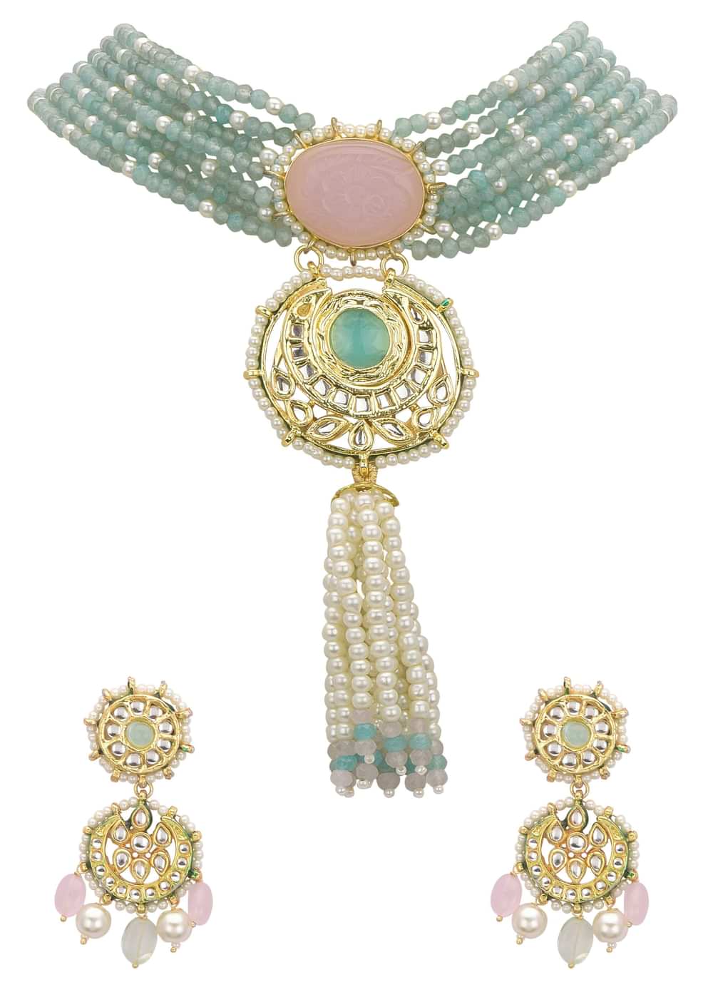 Pink And Green Pendant Necklace Set With Encrusted Kundan