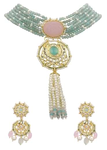 Pink And Green Pendant Necklace Set With Encrusted Kundan