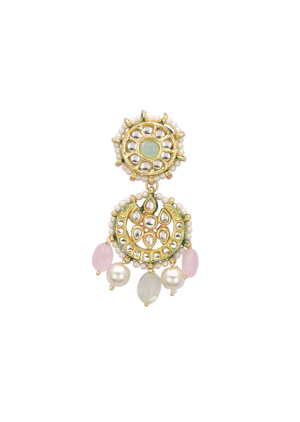 Pink And Green Pendant Necklace Set With Encrusted Kundan