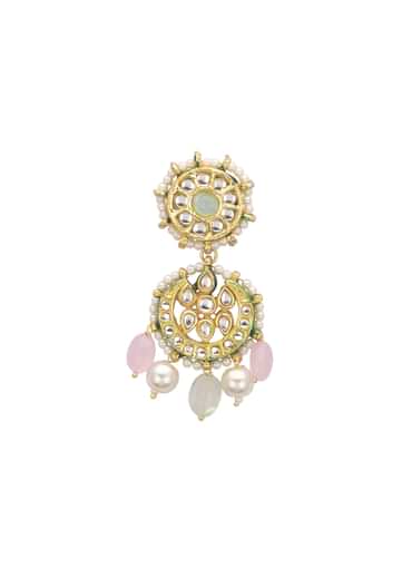 Pink And Green Pendant Necklace Set With Encrusted Kundan