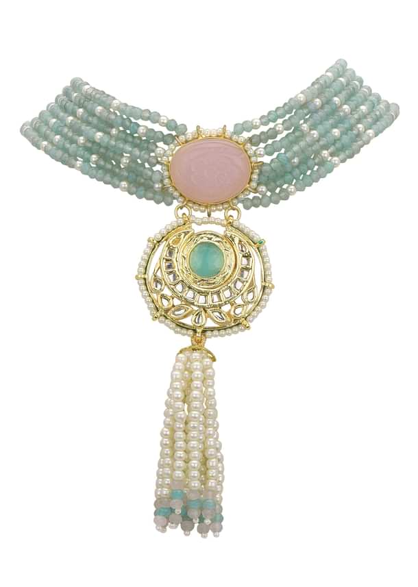 Pink And Green Pendant Necklace Set With Encrusted Kundan Pink And Green Pendant Necklace Set With Encrusted Kundan