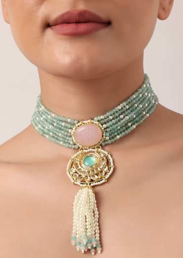 Pink And Green Pendant Necklace Set With Encrusted Kundan