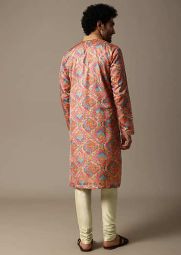 Pink And Green Printed Silk Kurta Set For Men