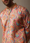 Pink And Green Printed Silk Kurta Set For Men