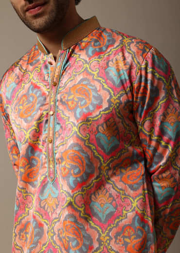 Pink And Green Printed Silk Kurta Set For Men