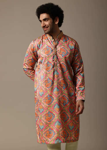 Pink And Green Printed Silk Kurta Set For Men