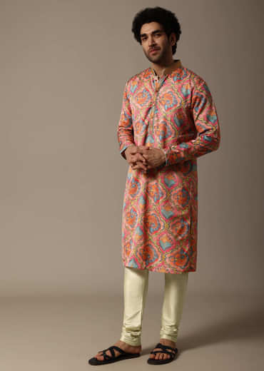Pink And Green Printed Silk Kurta Set For Men