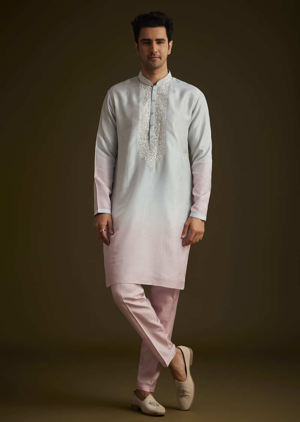 Pink and Grey Ombre Textured Sherwani Set