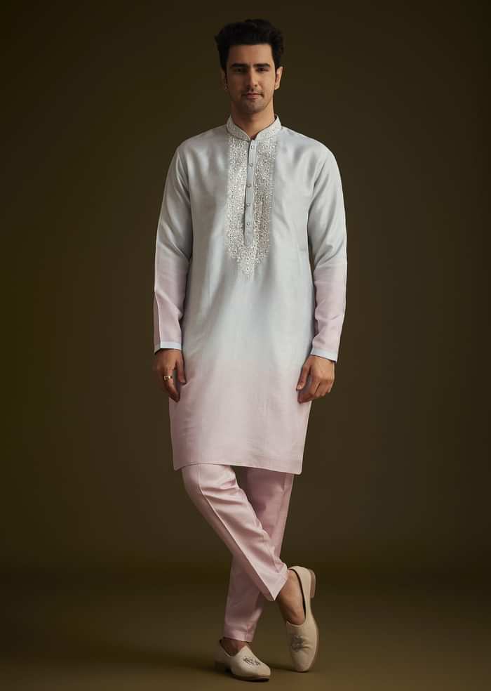 Pink and Grey Ombre Textured Sherwani Set