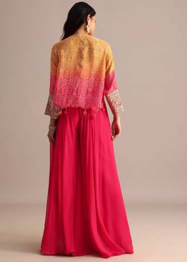 Pink And Orange Bandhani Printed Jacket Palazzo Suit