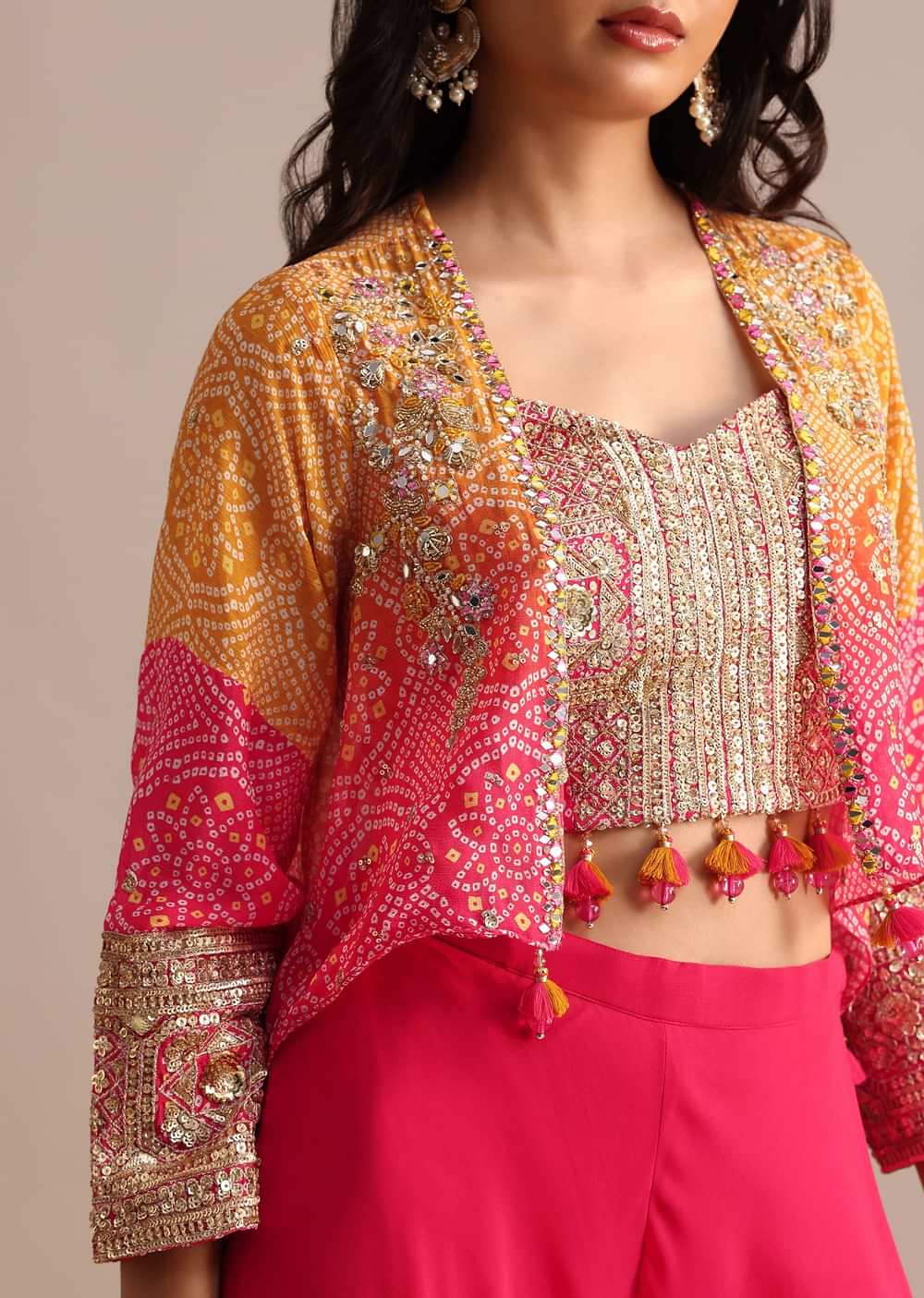 Pink And Orange Bandhani Printed Jacket Palazzo Suit