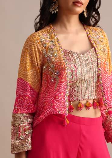Pink And Orange Bandhani Printed Jacket Palazzo Suit