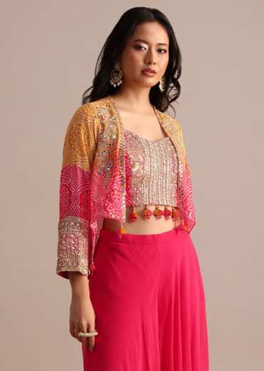 Pink And Orange Bandhani Printed Jacket Palazzo Suit