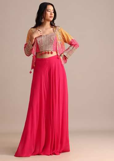 Pink And Orange Bandhani Printed Jacket Palazzo Suit