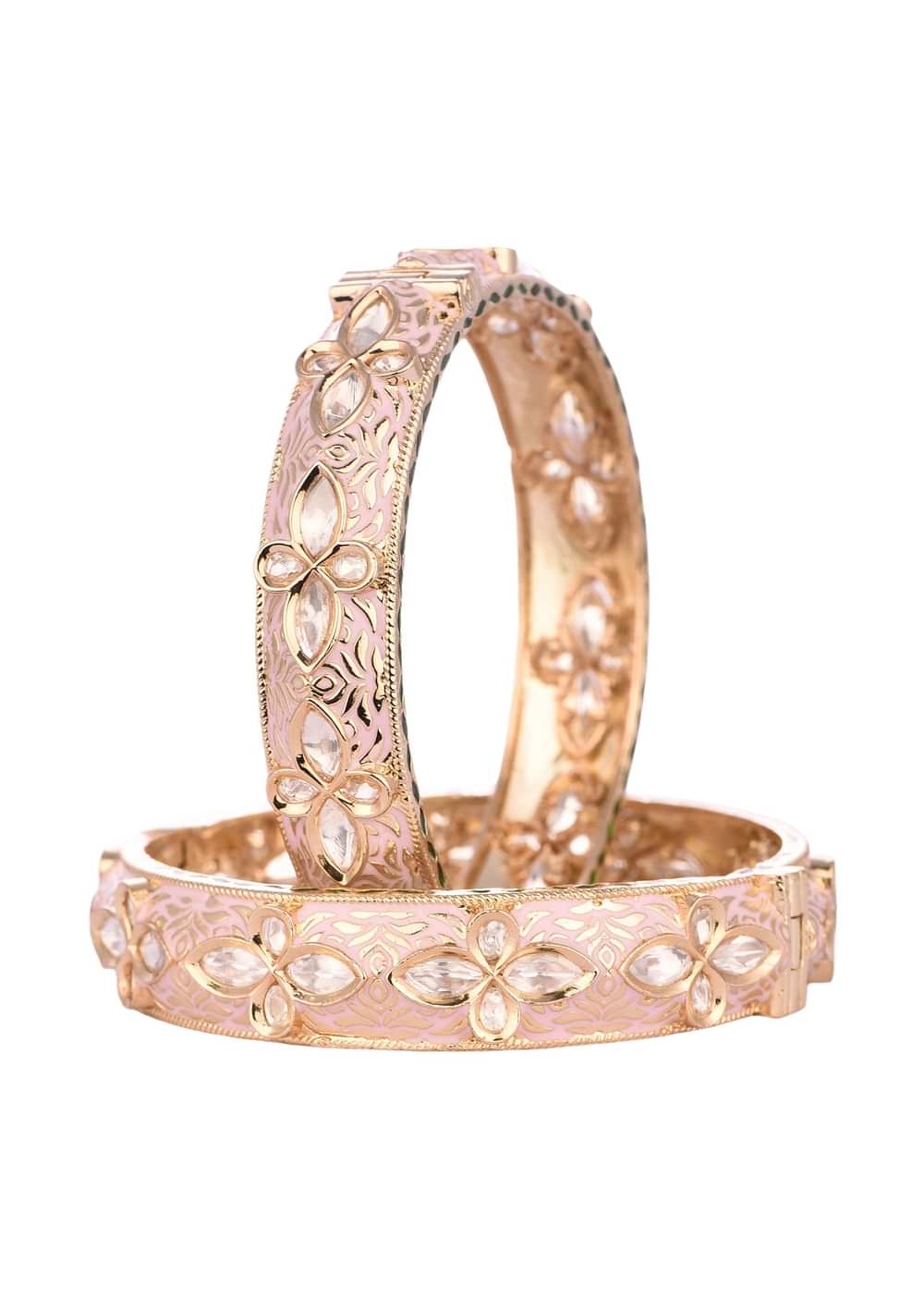 Pink And Rose Gold Mixed Metail Bangles With Kundan Polki