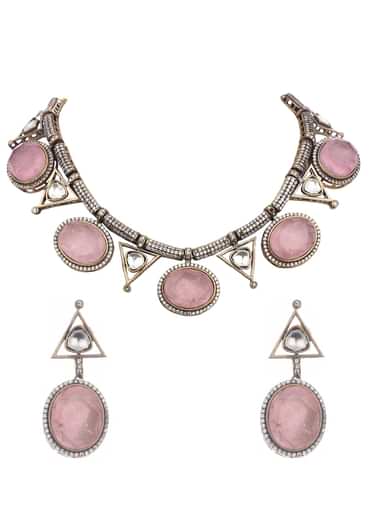 Pink And Silver Kundan Short Necklace Set