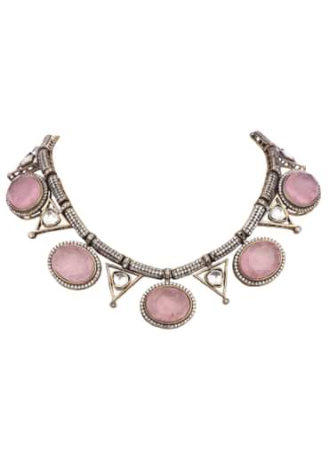 Pink And Silver Kundan Short Necklace Set