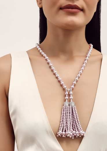 Pink And Silver Pearl Necklace With Pearl Tassels