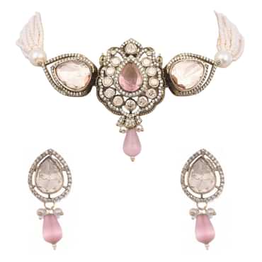 Pink And Silver Uncut Polki Choker Set In Mix Metal