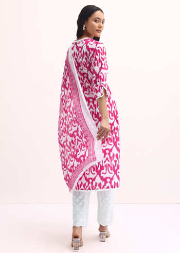 Pink And White Printed Kurta Set With Dupatta