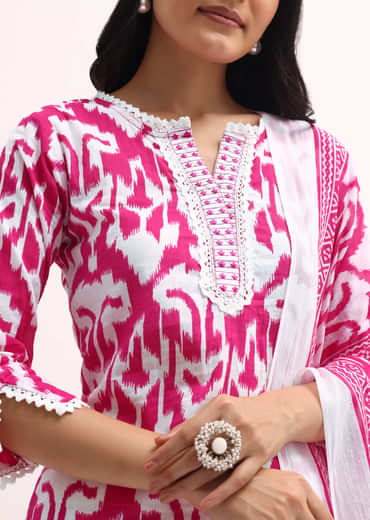 Pink And White Printed Kurta Set With Dupatta