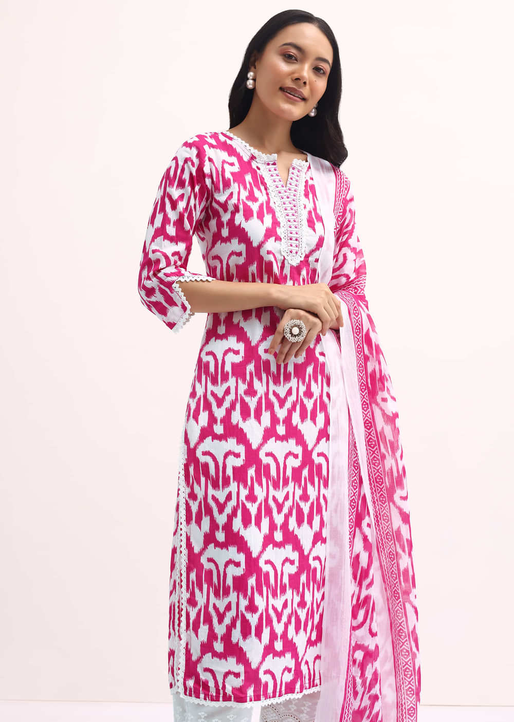 Pink And White Printed Kurta Set With Dupatta