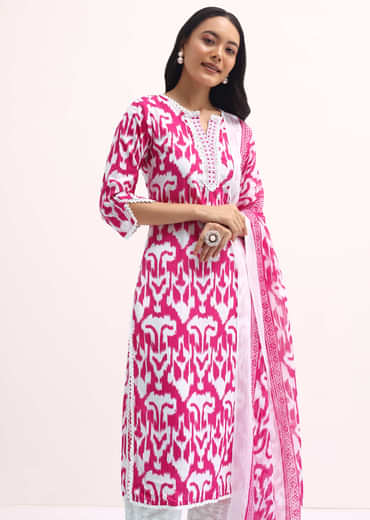 Pink And White Printed Kurta Set With Dupatta