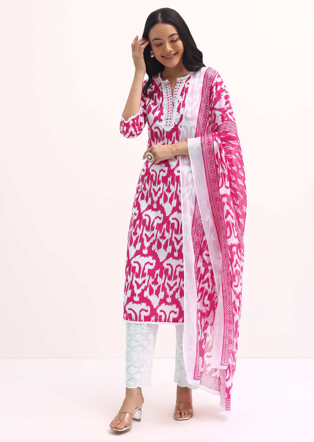 Pink And White Printed Kurta Set With Dupatta