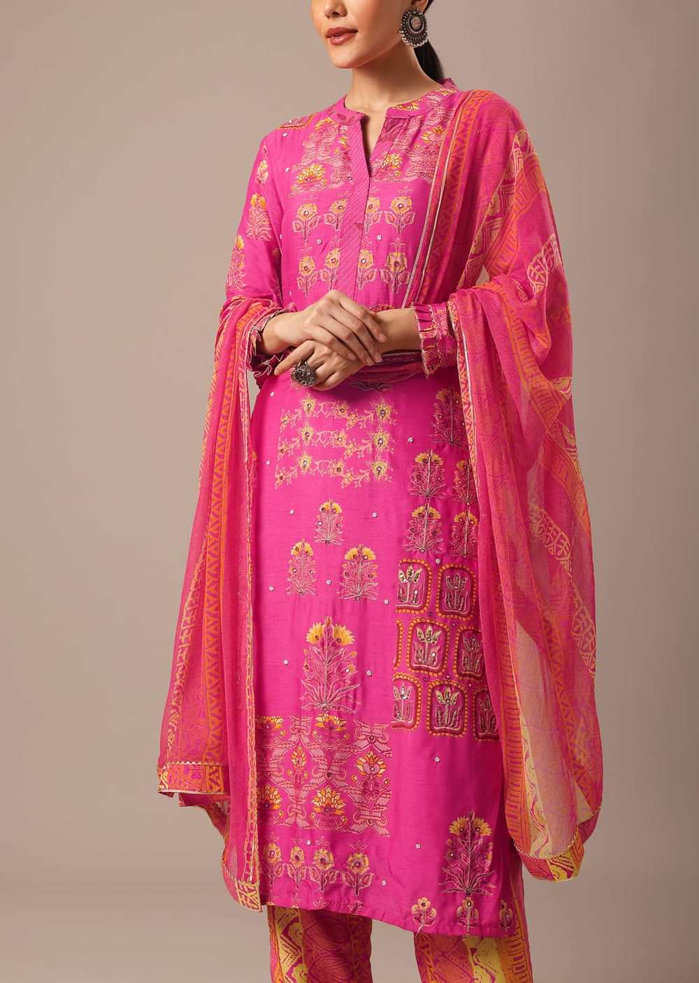 Pink Art Silk Kurta Set With Zari Work