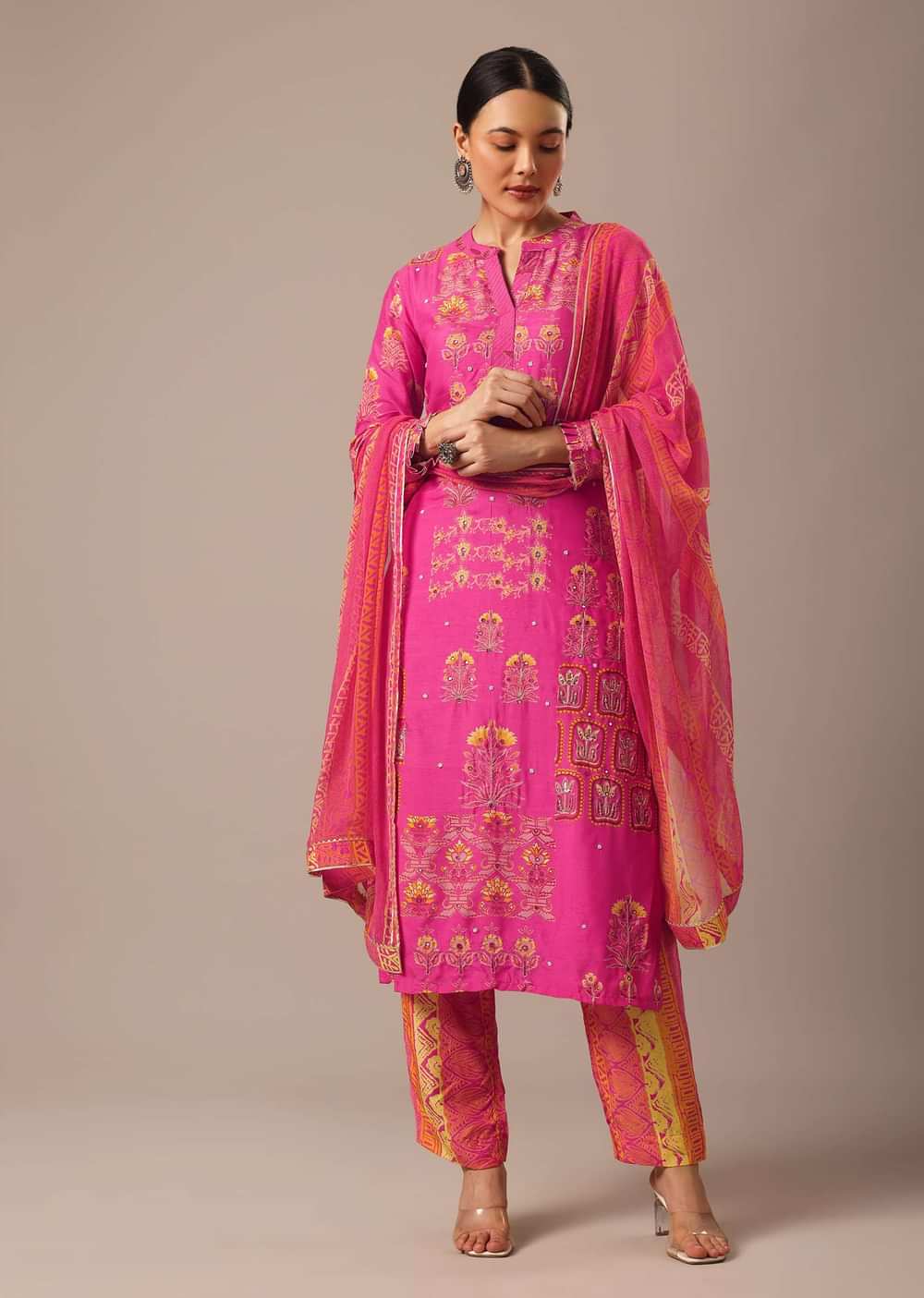 Pink Art Silk Kurta Set With Zari Work