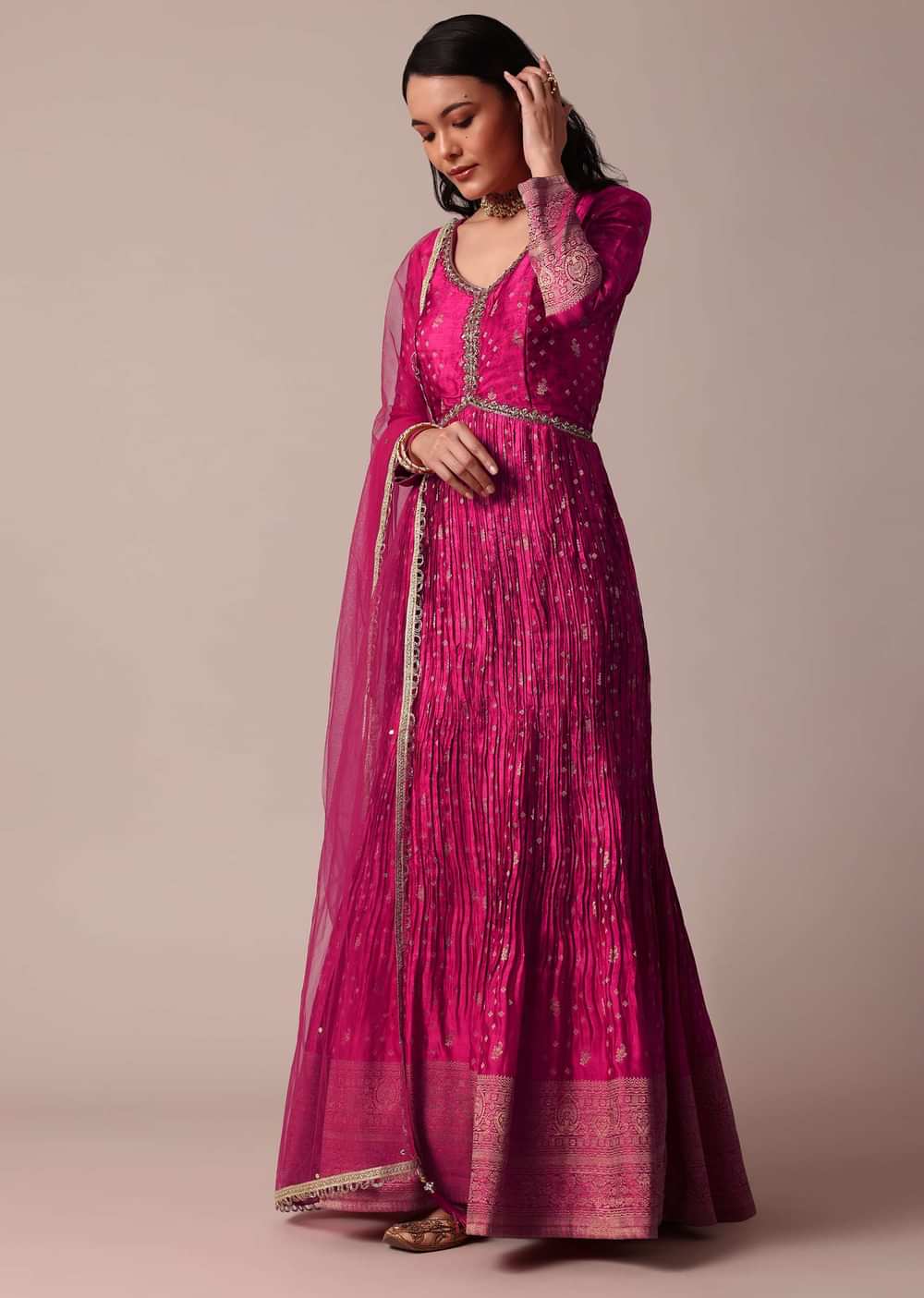 Pink Banarasi Anarkali Set With Bandhani Print