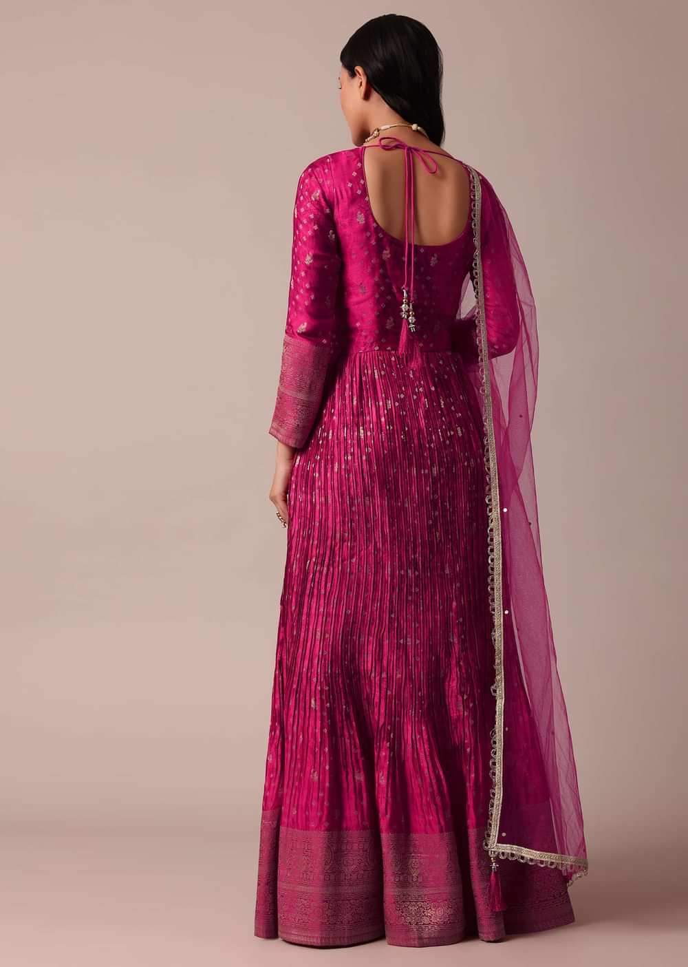 Pink Banarasi Anarkali Set With Bandhani Print