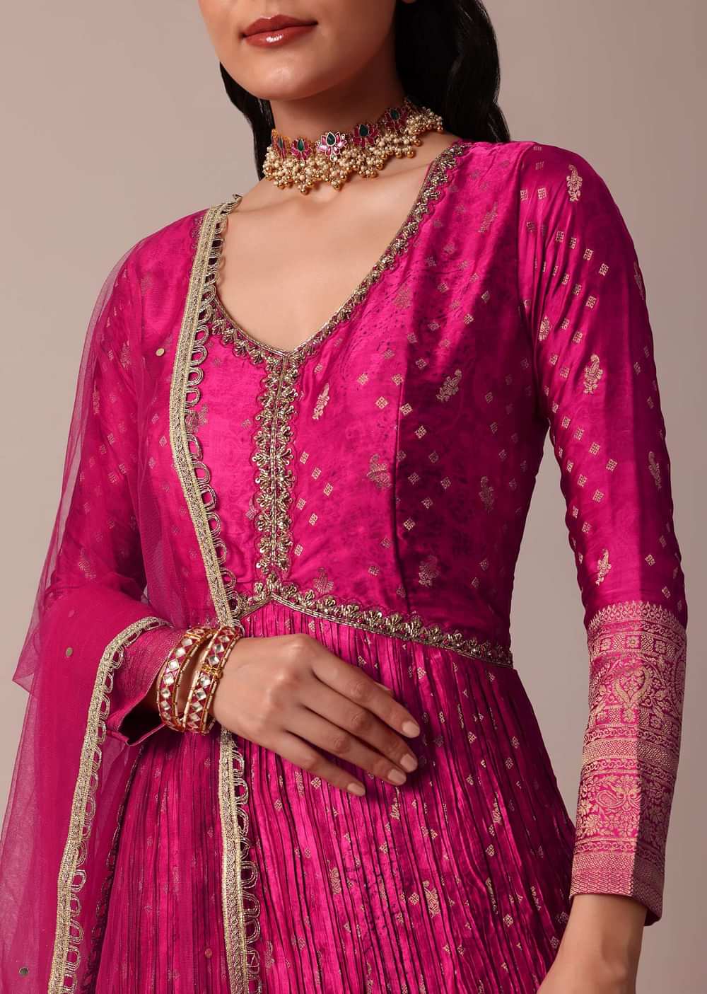 Pink Banarasi Anarkali Set With Bandhani Print