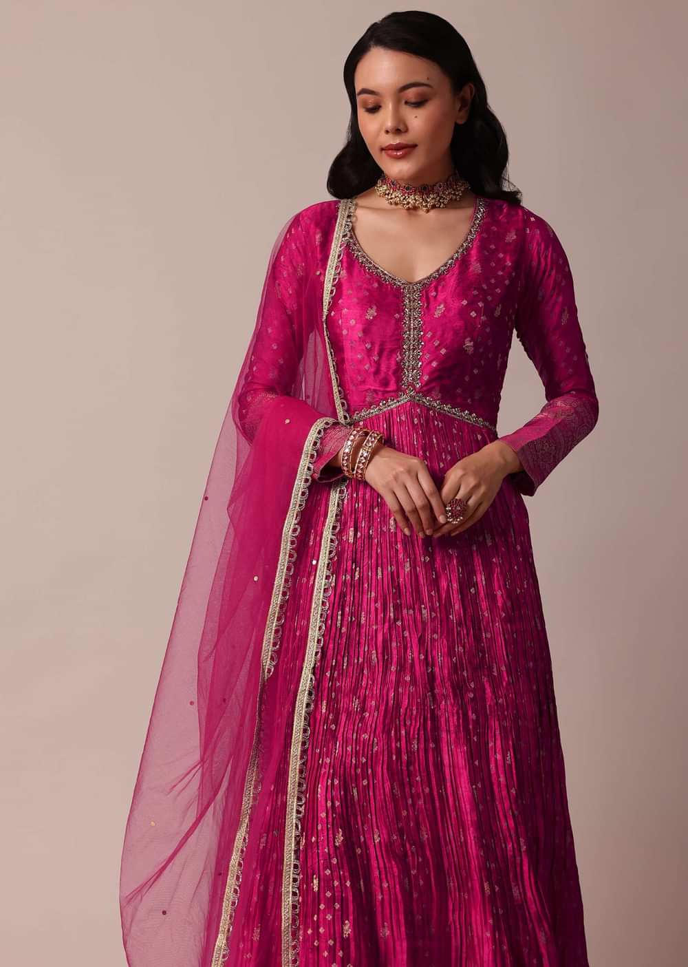 Pink Banarasi Anarkali Set With Bandhani Print