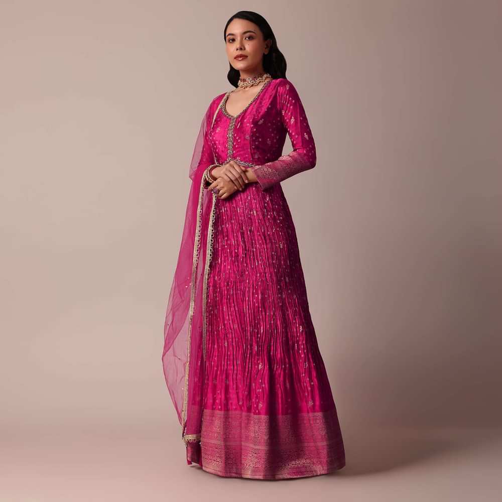 Pink Banarasi Anarkali Set With Bandhani Print